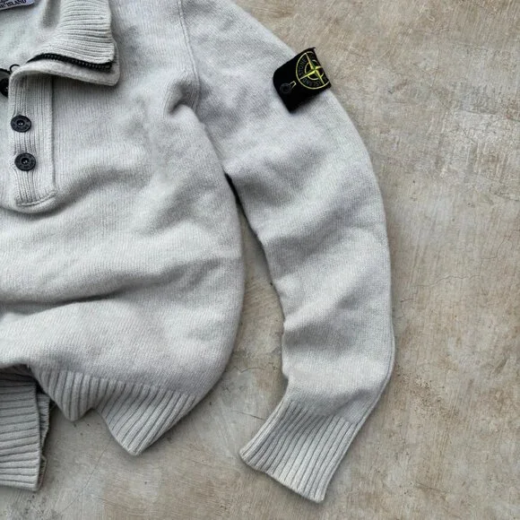 Stone Island AW2011 Lambswool 1/4 Button-Up Knitted Sweater In Snow White